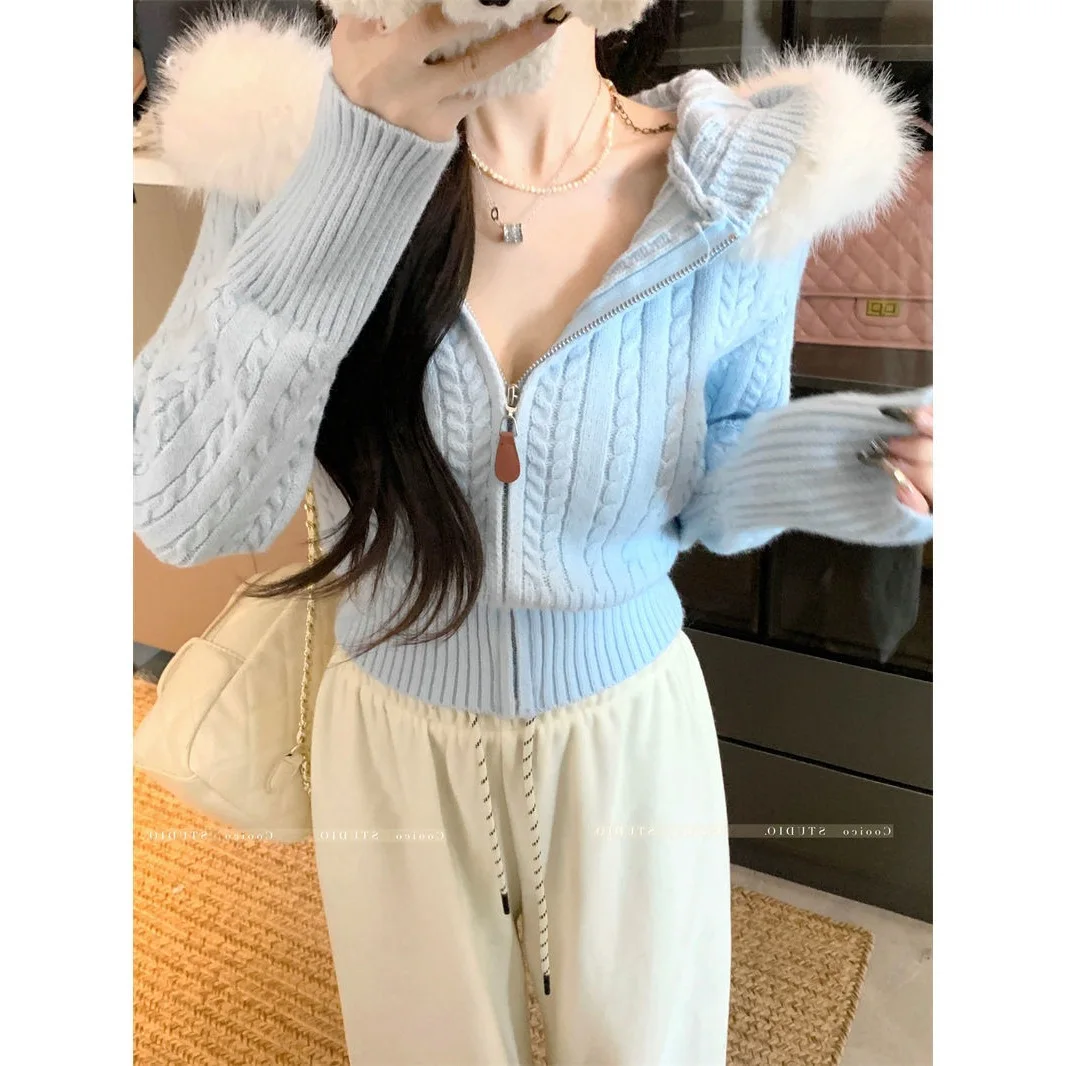 

Knitwear Cardigan Women Spring Fashion Knitted Jacket Female Autumn Hooded Faux-Fox Fur Coat Long Sleeve Casual Femme Jumpers