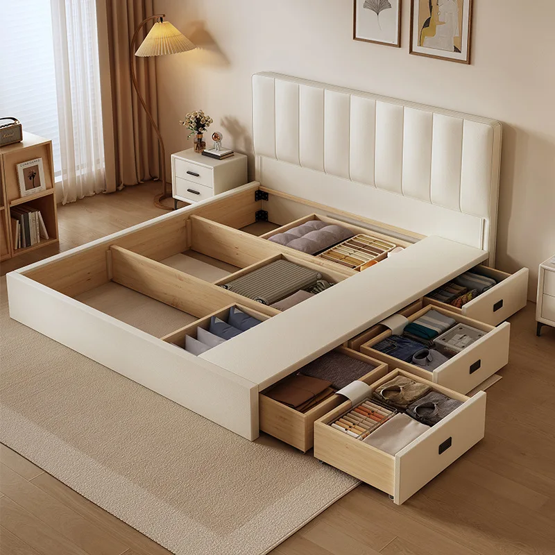 

Light luxury large drawer leather bed high box storage bed simple small apartment master bedroom thin bedside floor double bed