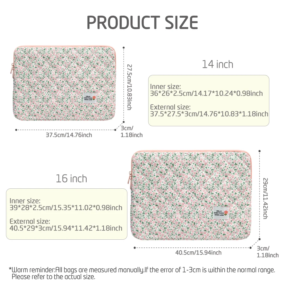 Cute Floral Quilted Laptop Sleeve 14/16 Inch, High-Quality Protective Laptop Case, Portable Laptop Bag for Lenovo/Acer/Dell