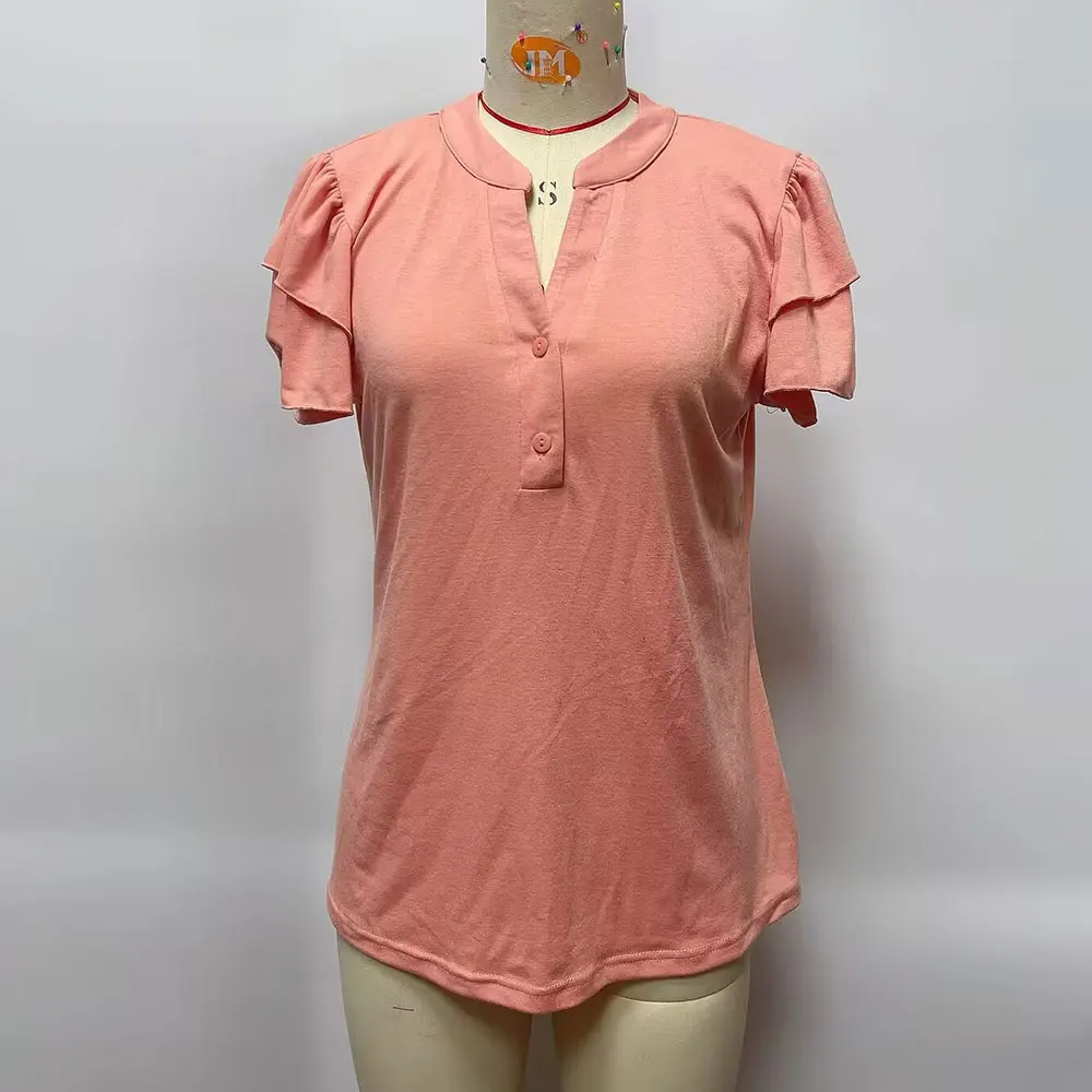 Summer Women's Fashion Button Ruffles V-neck short Sleeve T-shirt Shirts Tops Casual