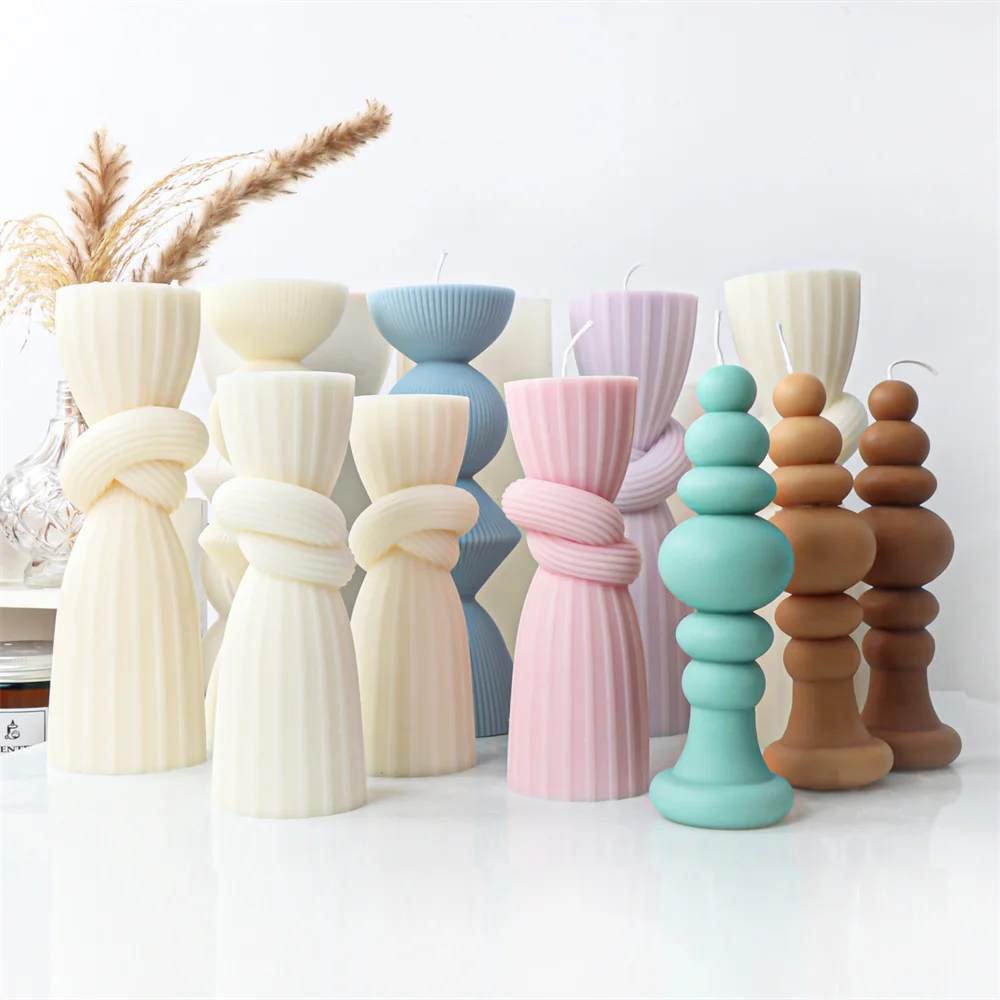 Geometric Swirl Silicone Candles Molds Long Pole Vase Resin Mould for Crafts Ribbed Taper Stripy Pillar Soy Wax Form for Soap