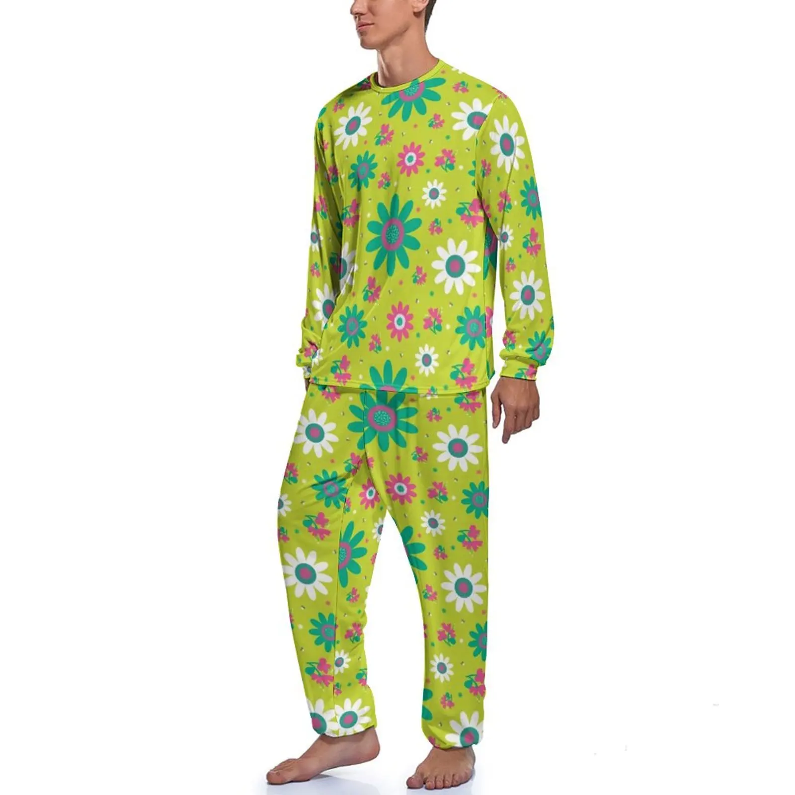 Pijama Retro de la paz de los 60 para hombre, Conjunto de pijama fresco de manga larga con estampado Floral de girasol, diseño de primavera para dormir, traje para el hogar, regalo, 2 piezas