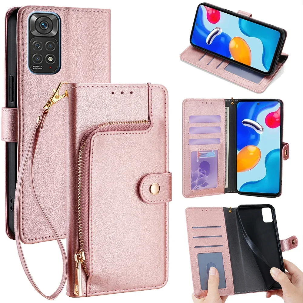 

Ladies Coin purses for Xiaomi Redmi Note 11E 11T 11 Pro Plus 11S Leather Lanyard Wrist Strap Card Slot Holder Flip Cover Funda