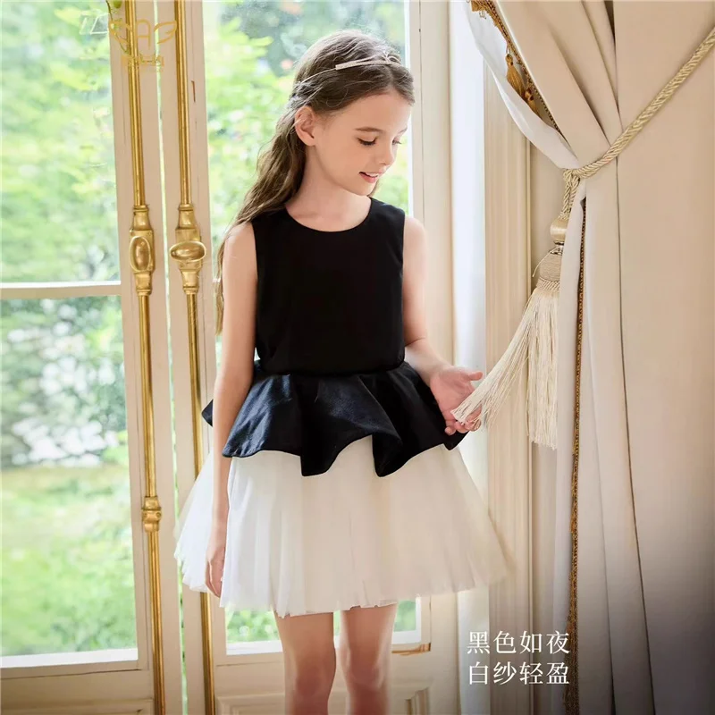 Short Patchwork Dresses Girls Birthday Party Princess Dress Kids Clothes Black White Sleeveless Ball Gown Children Clothes