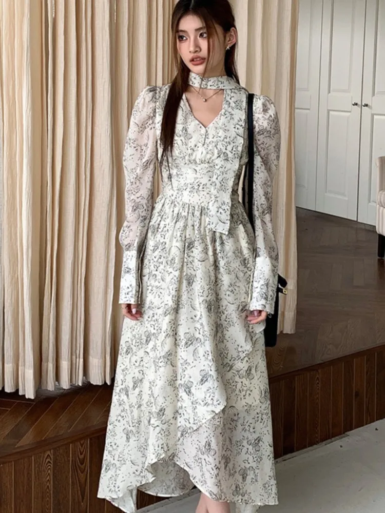

Autumn Print Floral Vintage Long Dress Women V Neck Long Sleeve Bandage Irregular Ruffled Dress Casual Evening Party Dresses New