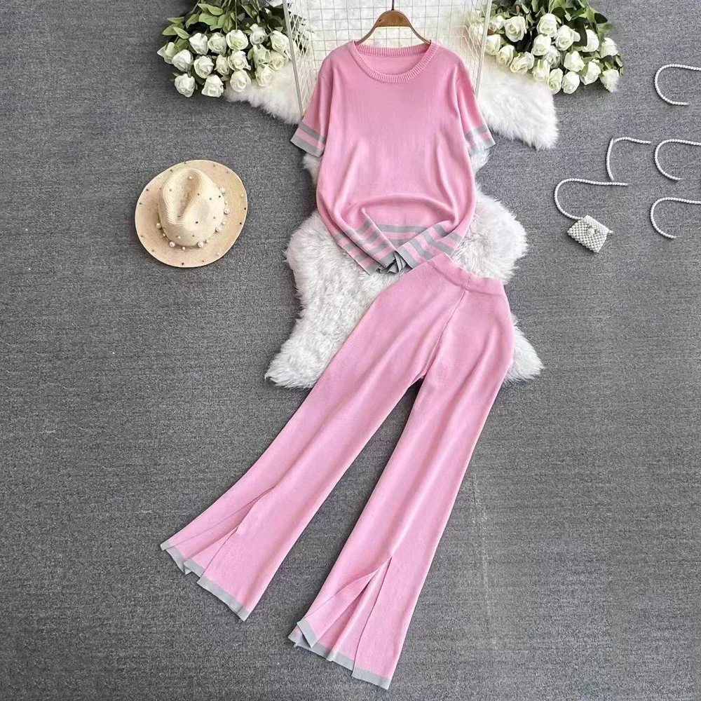 2024 New Fashion Suit Women's Summer Korean Version Of Loose Contrast Age-reducing Knitted Two-piece High waist Wide-Leg Pants.