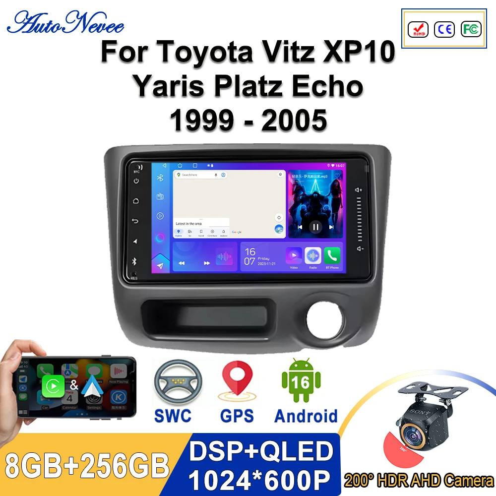 Android 16 Auto For Toyota Vitz XP10 Yaris Platz Echo 1999-2005 GPS Carplay Navigation DVD Multimedia stereo BT Plug and Play 5G