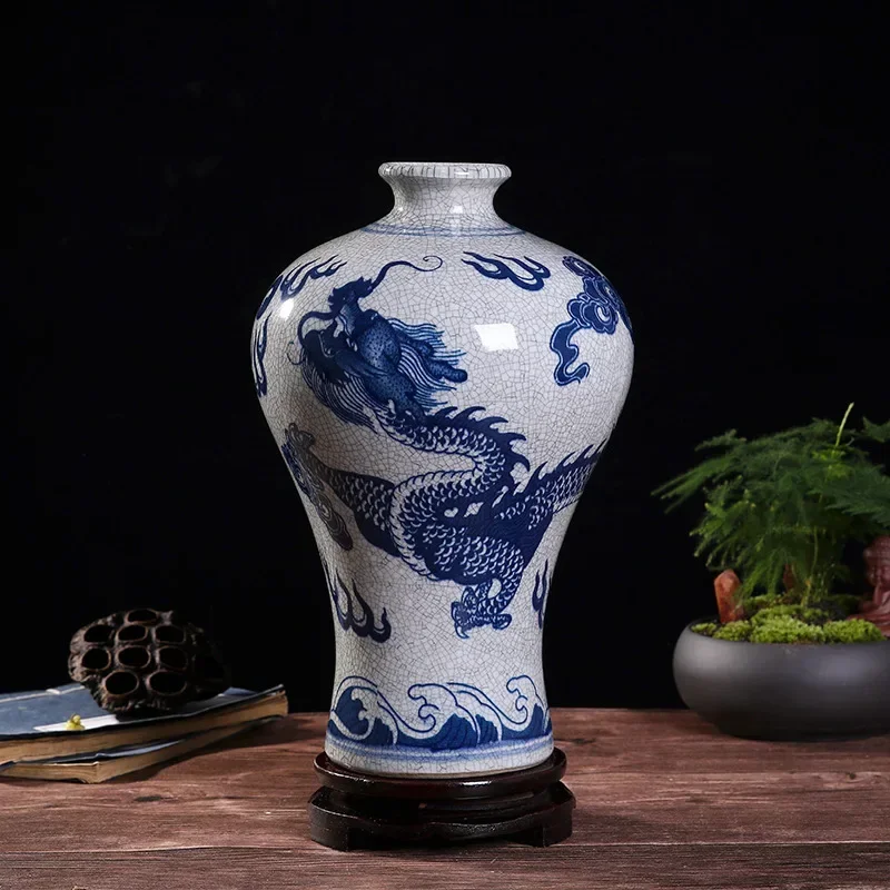 Antique Jingdezhen Chinese Ceramic Vase Crackle Glaze Blue Dragon Porcelain Vase Flower Receptacle Traditional Chinese Decor