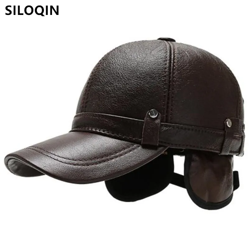 Autumn Winter Men\'s Warm Cowhide Leather Baseball Cap Cold Proof Earmuffs Hat Men Natural Leather Caps Snapback Cap Brands Hats