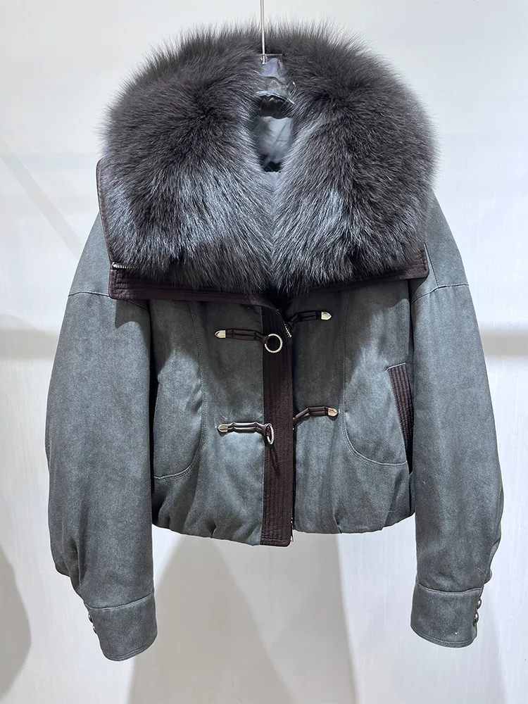 Moda inverno quente real ganso para baixo jaquetas gola de pele de raposa natural puffer jaquetas grosso feminino parka denim outwear