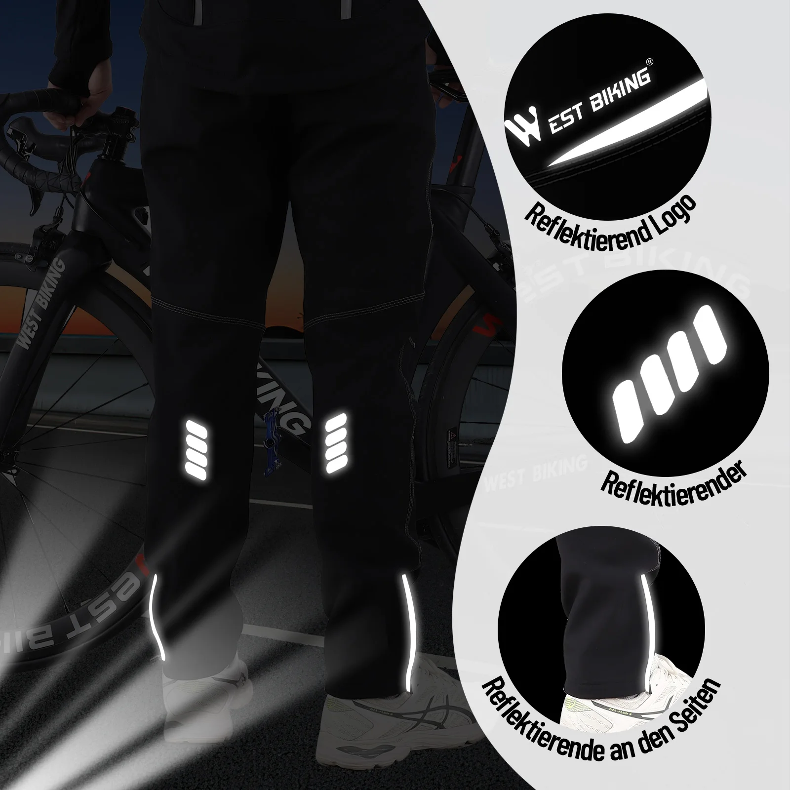 WEST BIKING Winter-Fleece-Radhose, winddicht, wasserdicht, Herren-Thermo-Fahrradhose, MTB-Outdoor-Sporthose, Schwarz, S-4XL – Detail 5
