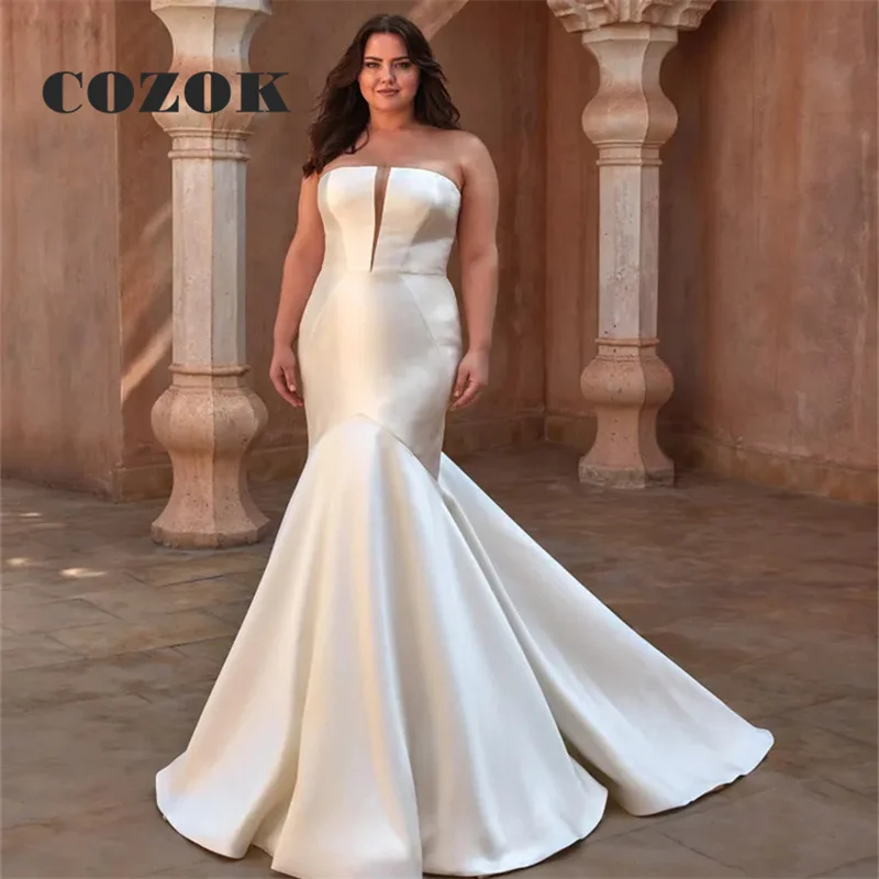 Strapless Sleeveless Wedding Dresses Deep V Satin Mermaid Backless Floor-Length Formal Bridal Gowns Robe De Mariée Custom Z80Z