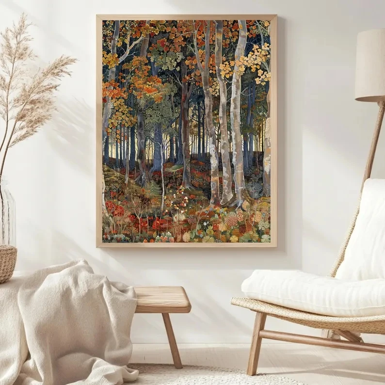 Retro William Morris Inspired Autumn Forest Wall Art Print Canvas Painting Poster Picture For Living Room,Bedroom Home Decor