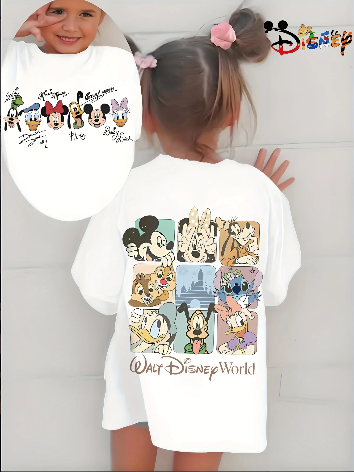

New Disney Mickey Mouse Print T-shirt Children's Daily Tops Suitable for The Whole Family Pure Cotton Round Neck Short Sleeve