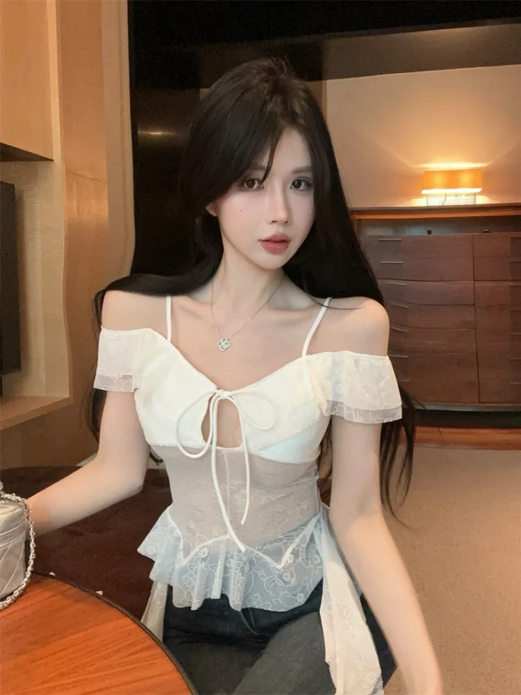 

Irregular Lace Halter Neck Crop Top Women Summer Sexy One Shoulder Tube Top Beautiful Korean Style Commute Wind plus Size