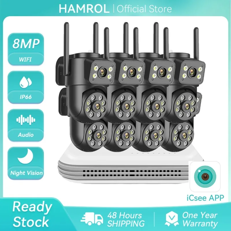 8MP PTZ WiFi Camera Kit Dual Lens IP Camera Smart Home Night Vision Outdoor IP66 Waterproof 8CH Wireless CCTV System iCSee APP