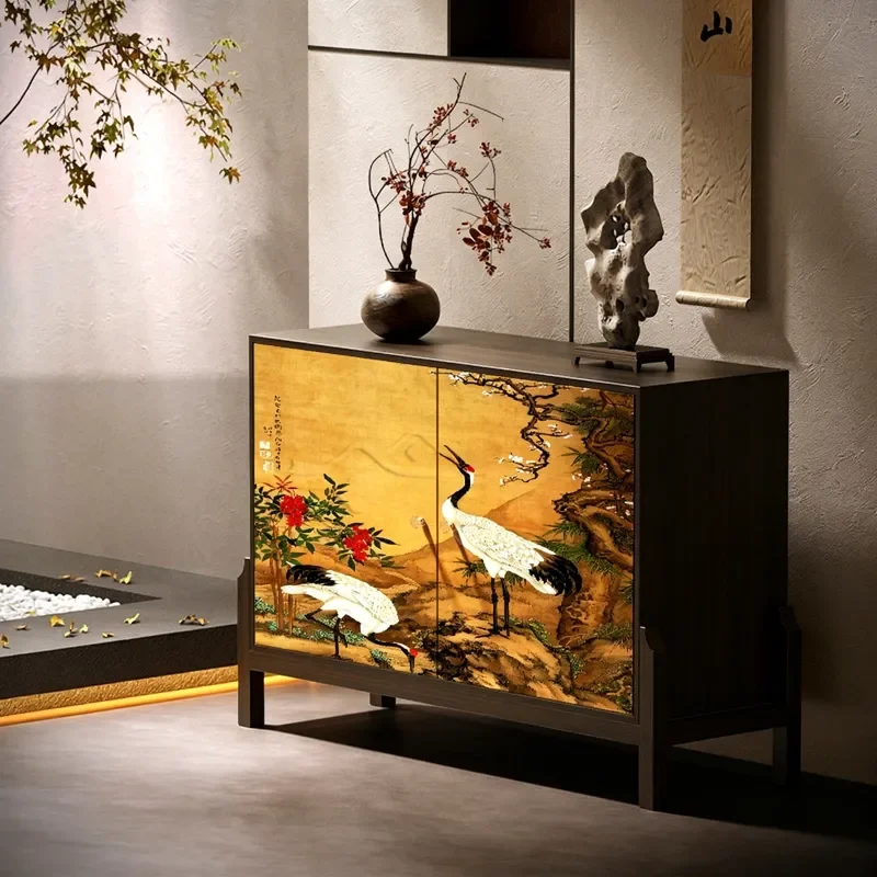 Song Style Aesthetics Pine Crane Pattern Solid Wood Porch Cabinet Side Cabinet Set Living Room Locker Antique Solid Wood