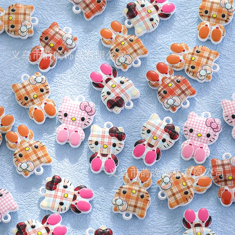 5pcs Zinc alloy paint cartoon sitting plaid KT cat pendant DIY mobile phone chain keychain bracelet accessories