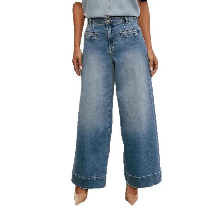 Jean taille haute en détresse pour femmes, pantalon à jambes larges, longueur cheville, ample, fermeture éclair, délavé, Vintage, été