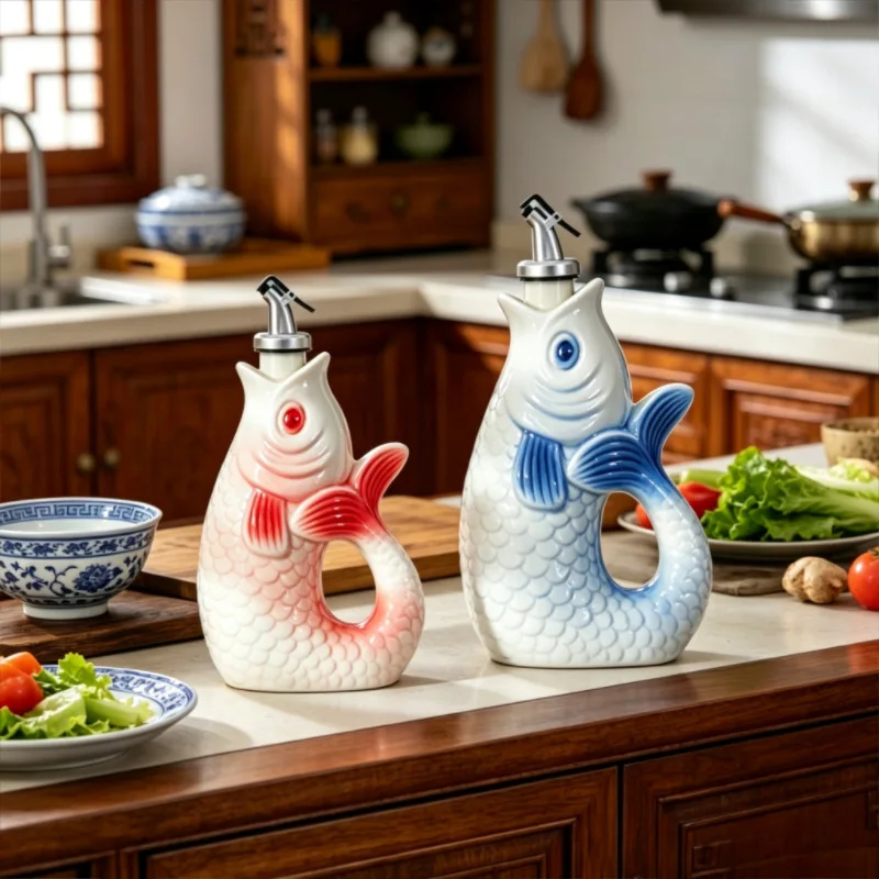 Fish Shaped Ceramic Oil Bottle,Hand Painted Condiment Dispenser,Auto Open Vinegar Soy Sauce Pot,Creative Kitchen Storage Vessel
