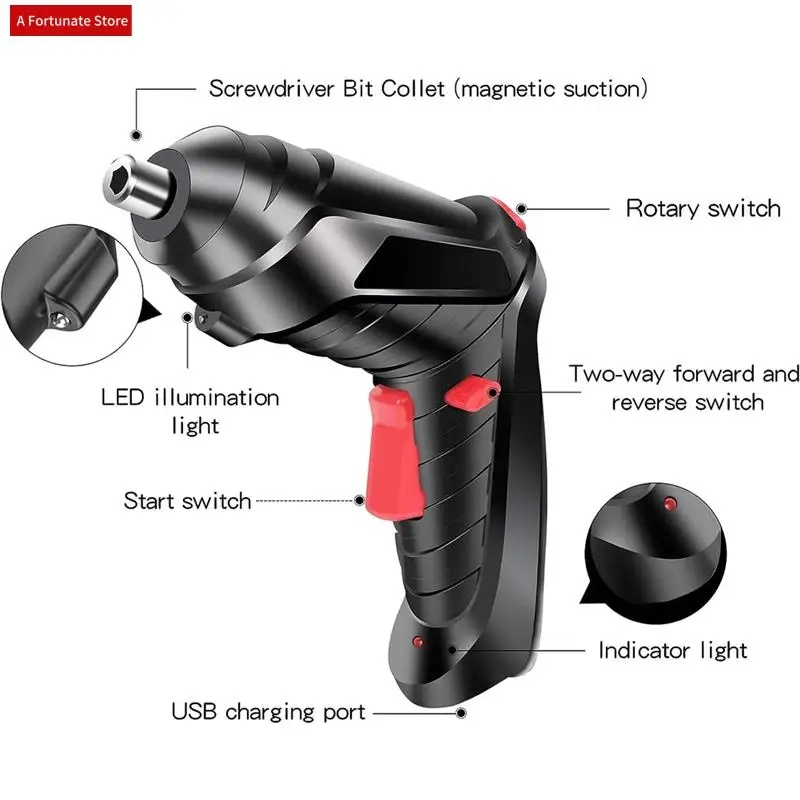

47 Piece Electric Screwdriver Cordless Screwdriver Black Plastic+Metal 3.6V Cordless Drill Screwdriver Rechargeable