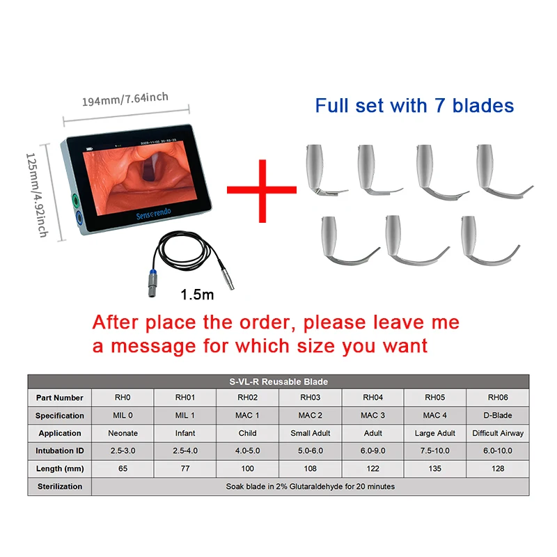 Sensorendo 7-inch Touchscreen Video Laryngoscope with Reusable Blades (MIL0/1/MAC1/2/3/4/D-Blade)for Anesthesia Intubation