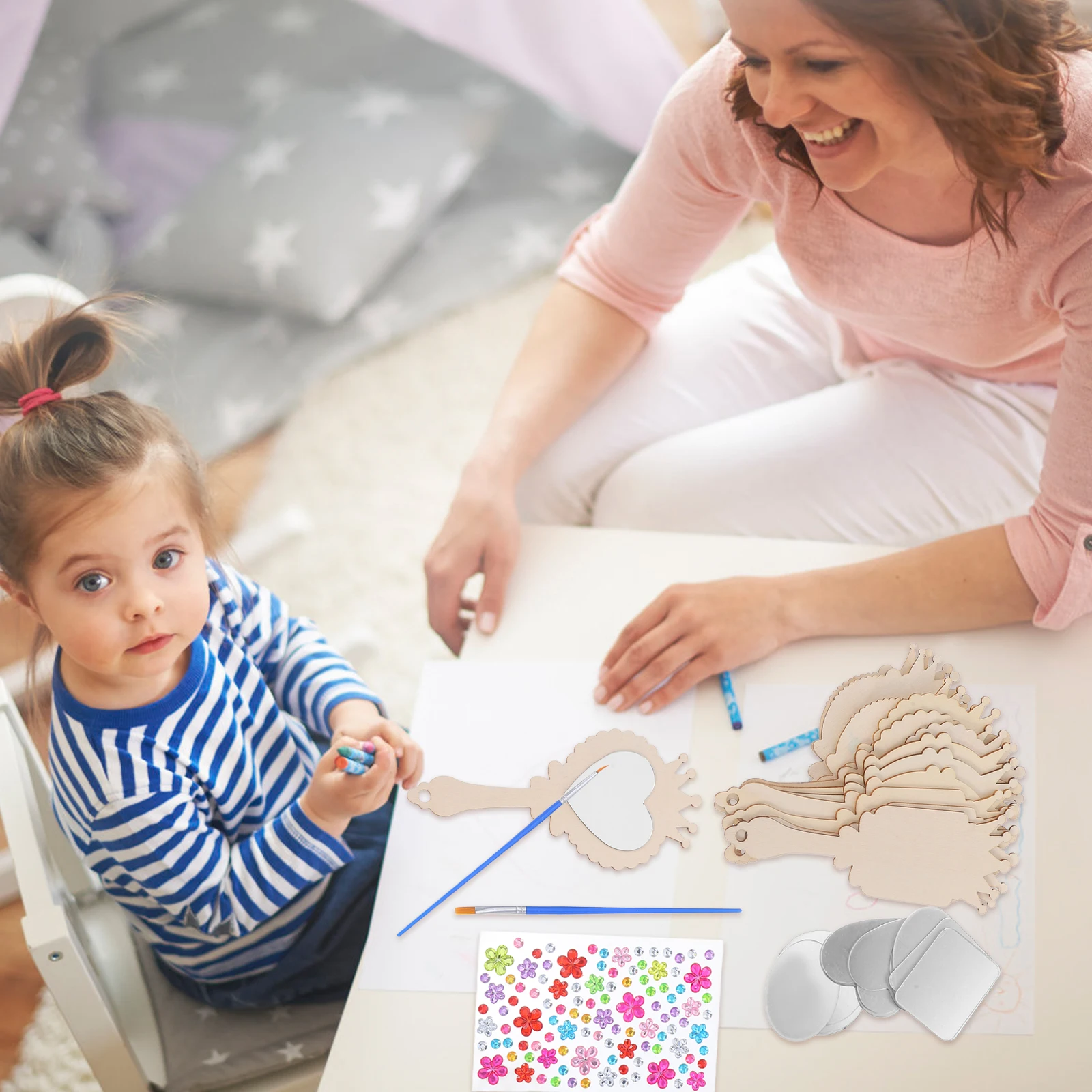 

12 Pieces Children Decorative Mirror Cute Handheld DIY Wood Mirrors Unfinished Vanity Painting Wooden Accessories