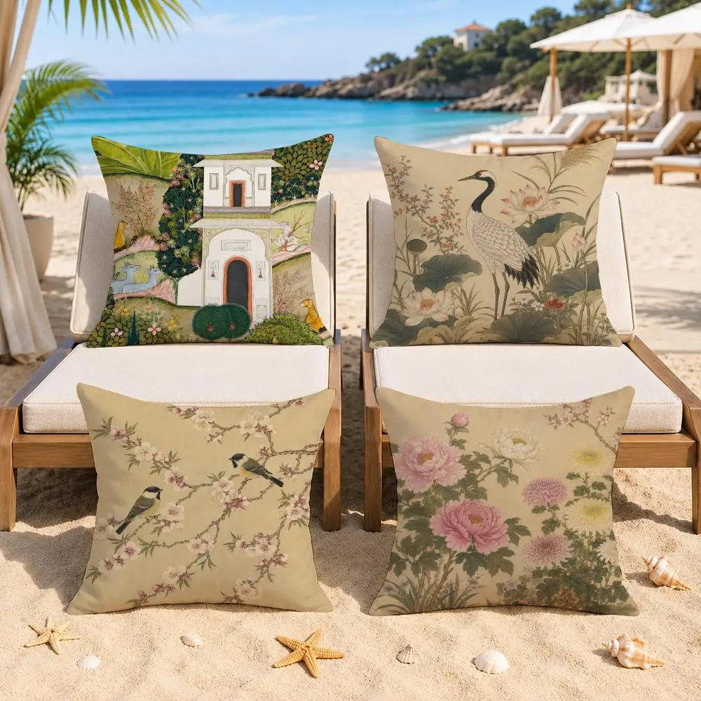 Antique Chinese Fine Brush Flower Bird Set Cushion Cover Double-Sided Printed Bedroom Bedside Pillow Sofa Cushion Cover