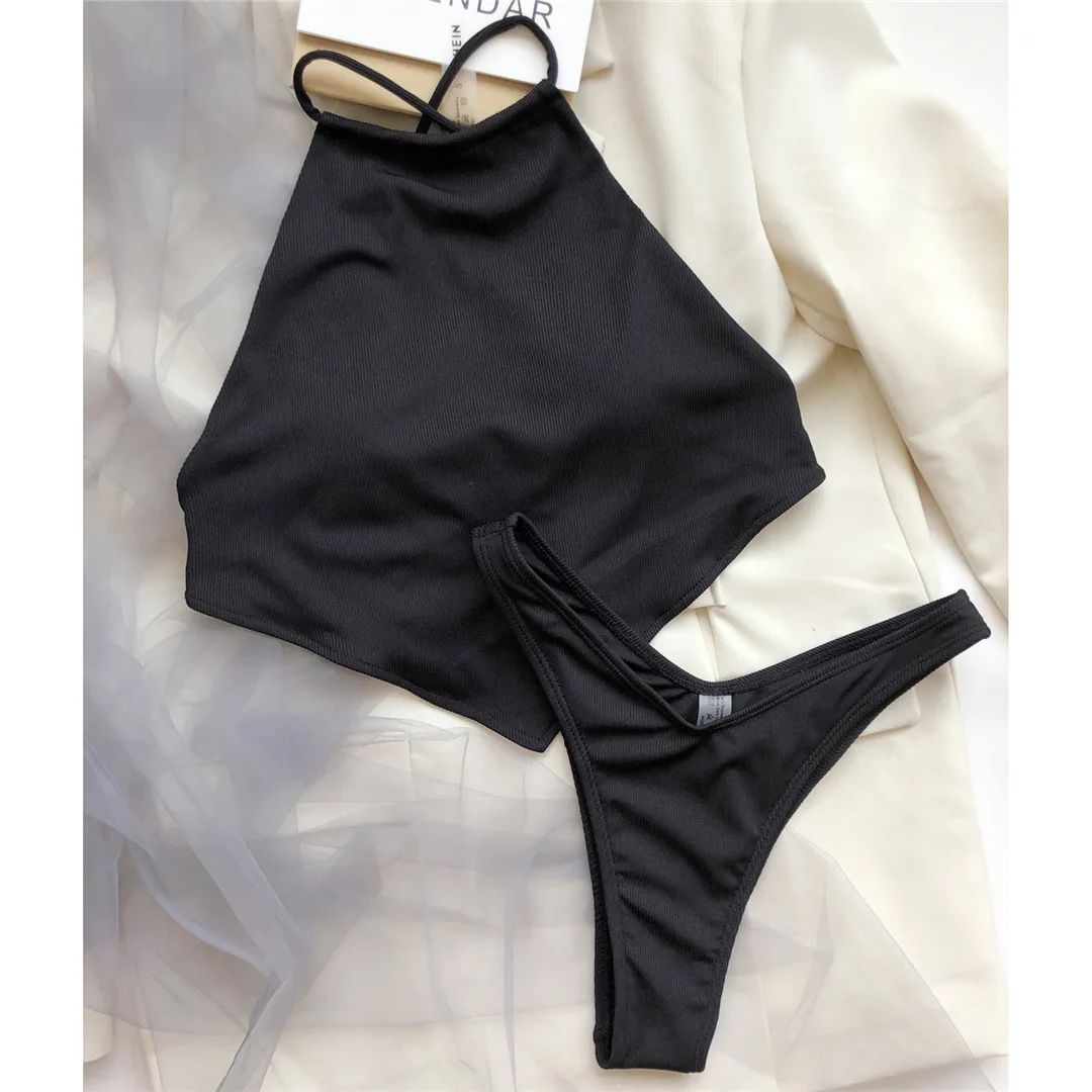 Hochgeschlossener Bikini mit überkreuztem Rücken und hohem Beinausschnitt, gerippt, Damen-Badeanzug, zweiteiliges Bikini-Set, Badebekleidung, Badeanzug, Modell V2878 – Detail 36