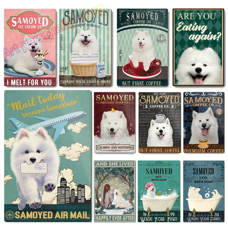 Samoyed Dog &Co. Bath Soap Wash Your Paws Vintage Metal Tin sign Home Room Garage Garden Bathroom Cafe Bar Pet Shop Wall Decor