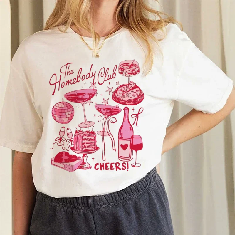 The Homebody Club Cheers Beverage Food Pattern Fashion Cartoon T-Shirt Cute White Top Popular Fun Harajuku Women's T-Shirt