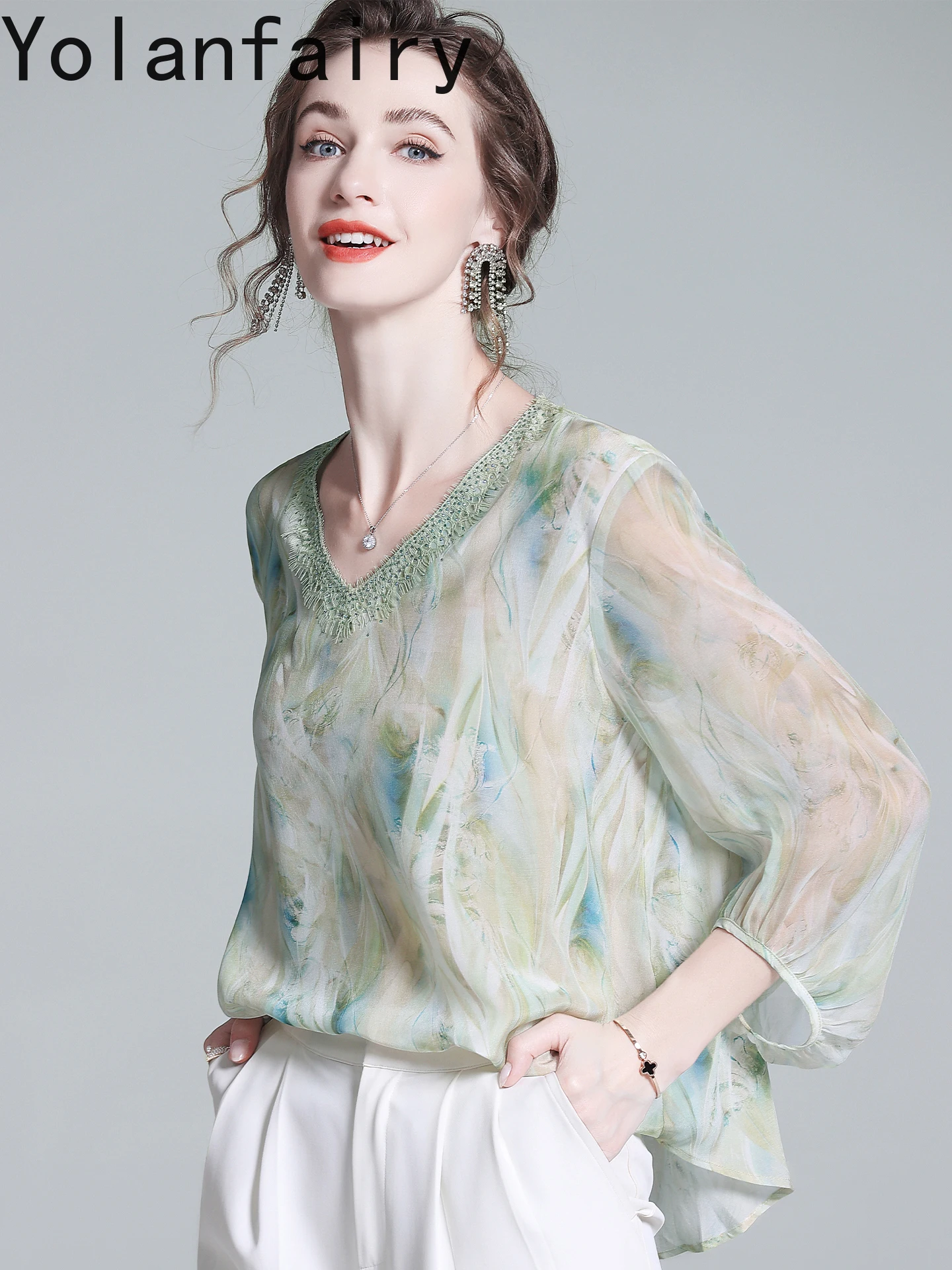YOLANFAIRY 100% Natural Mulberry Silk T Shirts for Woman Early Autumn V-neck Woman Blouses Elegant Printed Tee Shirt Femme 2025