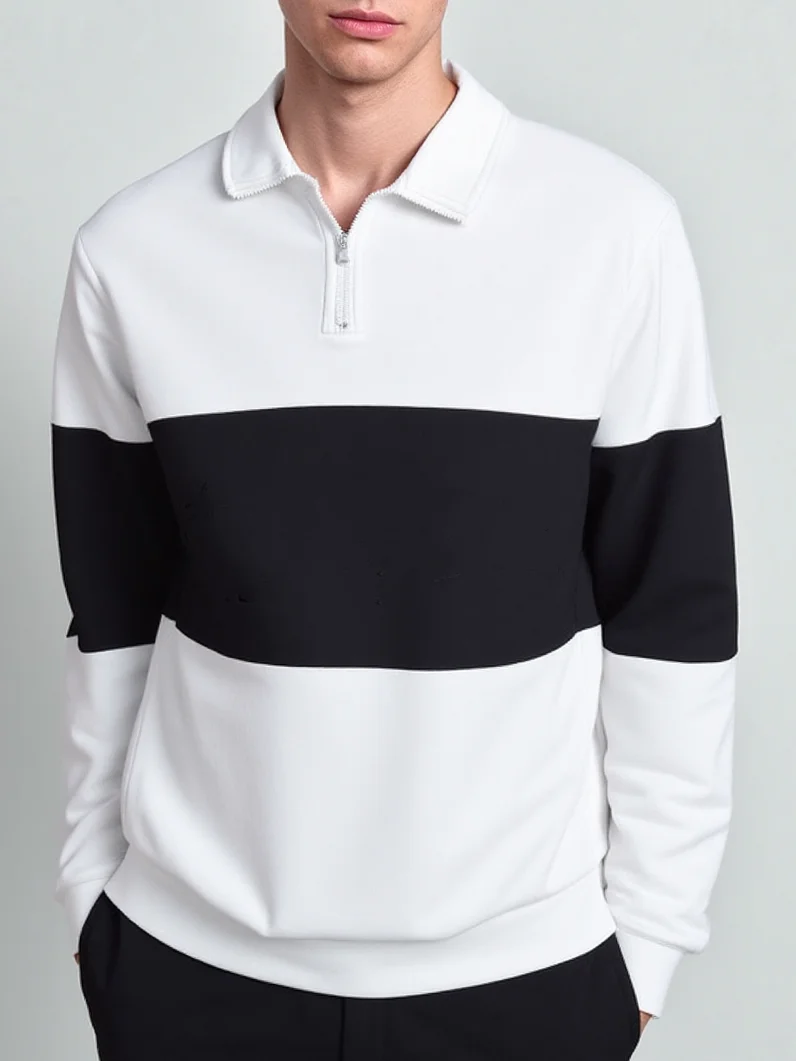 Black and white contrasting collared hoodie with half zipper, loose casual long sleeved top, men's clothing source