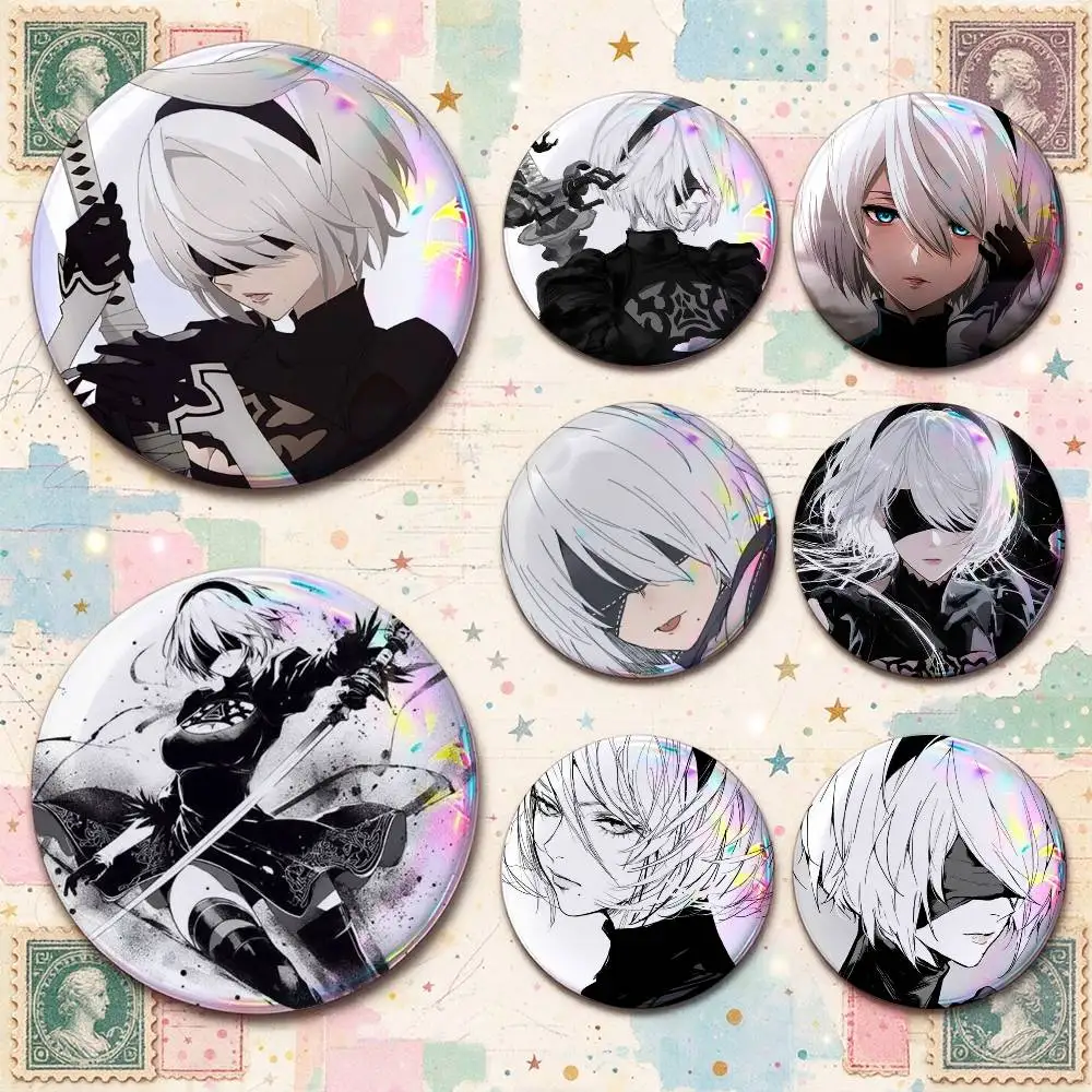Silver hair YoRHa 2B NieR Enamel Pin Tinplate Round Brooch Cosplay Nijigen Otaku Culture Badge 25mm 32mm 44mm 58mm