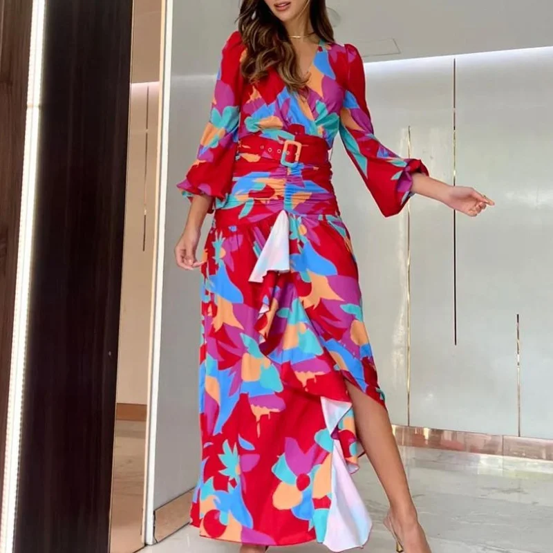 Fashion Elegant Female Clothes 2023 Spring New Women\'s Print Deep V Split Slim Fit Long Dress Long Sleeve Plus Size Robe