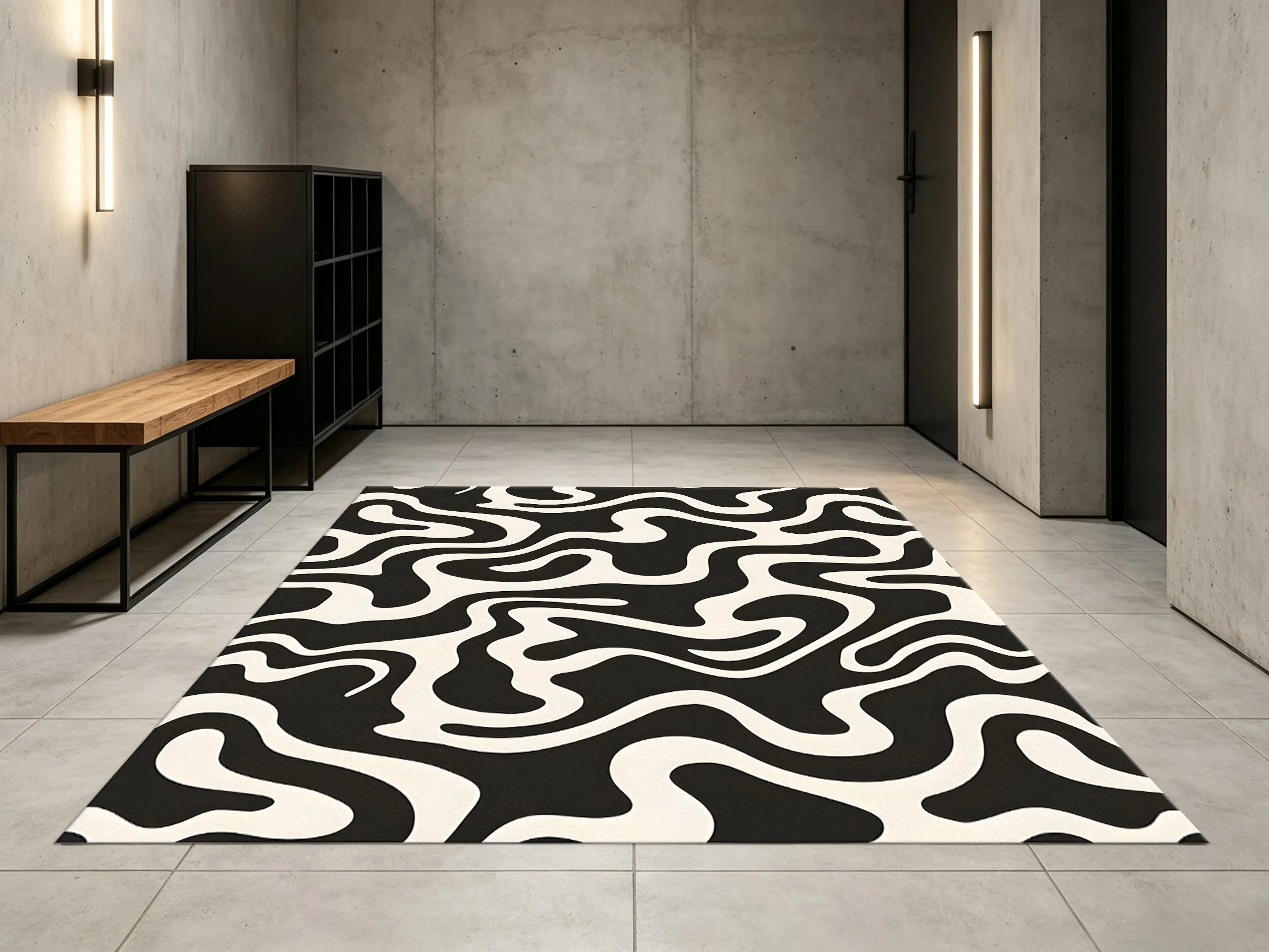 Black and White Irregular Flowing Curve Pattern, Trendy and Cool Instagram-Style Halloween Design, Suitable for Living Room, Bedroom, and Entryway, Creating a Personalized and Artistic Home Atmosphere, Velvet Carpet