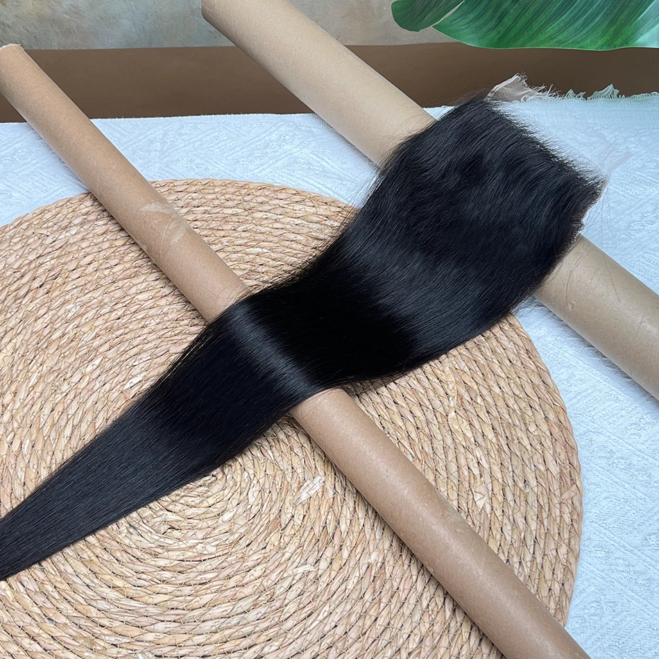 شعر بشري مفرود بدانتيل غير مرئي عالي الدقة مقاس 6 × 6 # 1B لون طبيعي فراق عميق عقدة مبيضة من الدانتيل شعر عذراء خام