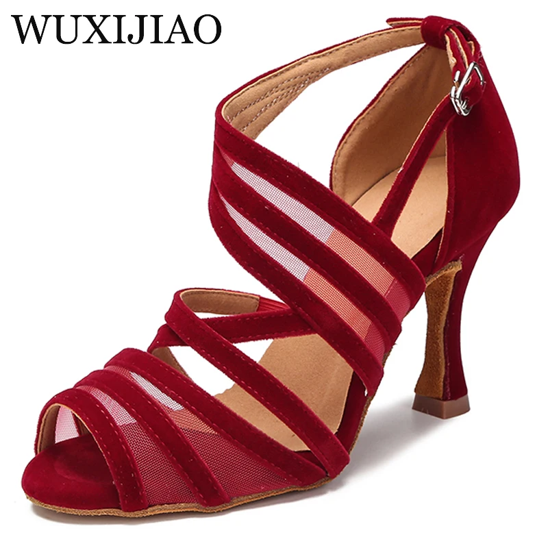 WUXIJIAO-zapatos de baile latino de ante para niña, sandalias rojas para baile de tango y salsa, calzado deportivo para interiores