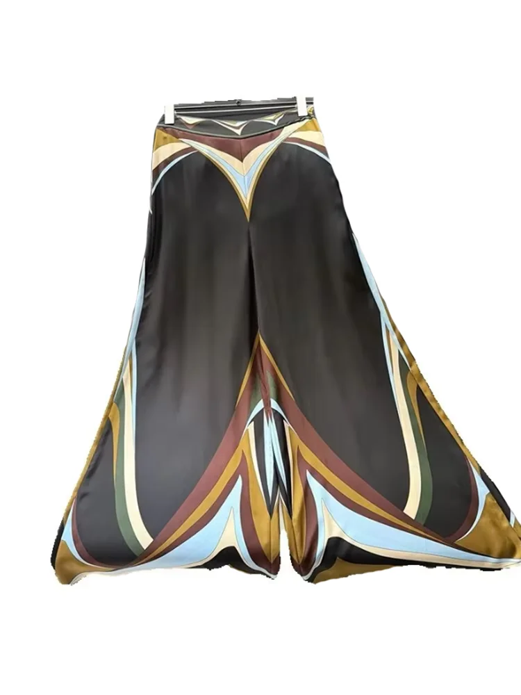 Spring Summer Fashion Vintage Casual Geometric Print Loose Wide Leg Pants Women's Versatile Middle Waist Flare Trousers