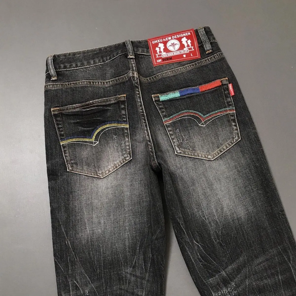 Retro American Design Slim Fit Stretchy Straight Leg Jeans Heavy Wash Trendy Patchwork Men's Jeans Youthful Popular Style