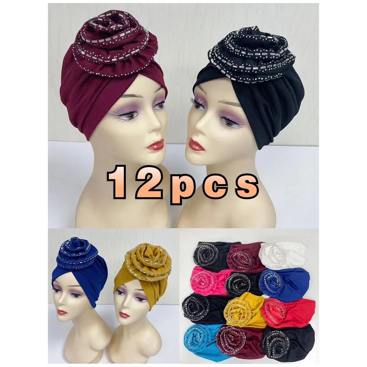 

6/12 Pcs Wholesale Muslim Big Flower Turban Hat Bonnet Hot Hijab Beads Solid Indian Beanie Hair Bonnets Cap For Wedding Party