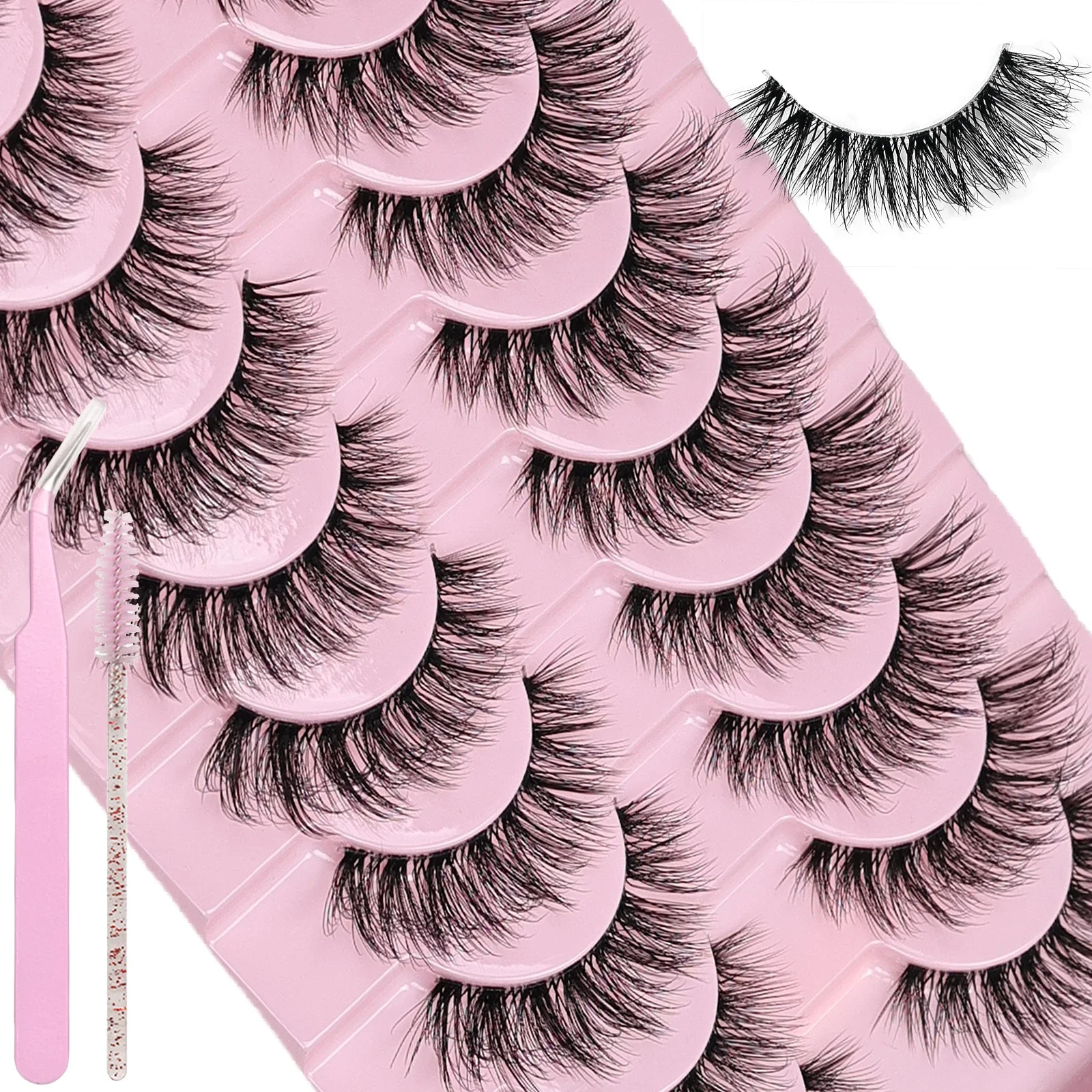 10 Pairs Cat Eye Lashes Eyelashes Clear Band Natural Fluffy Lashes Natural Look 3D Effect with Eyelash Brush and Tweezers