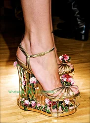 Lady hollow rose metal design luxury sandals birdcage design shaped heel platform sandals daily T show sandals footwear size 40