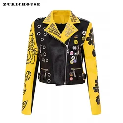 Graffiti Print Faux Leather Cropped Jacket for Women 2024 Trend Punk Style Streetwear Studded Motorcycle Leather Jacket S-XXXL