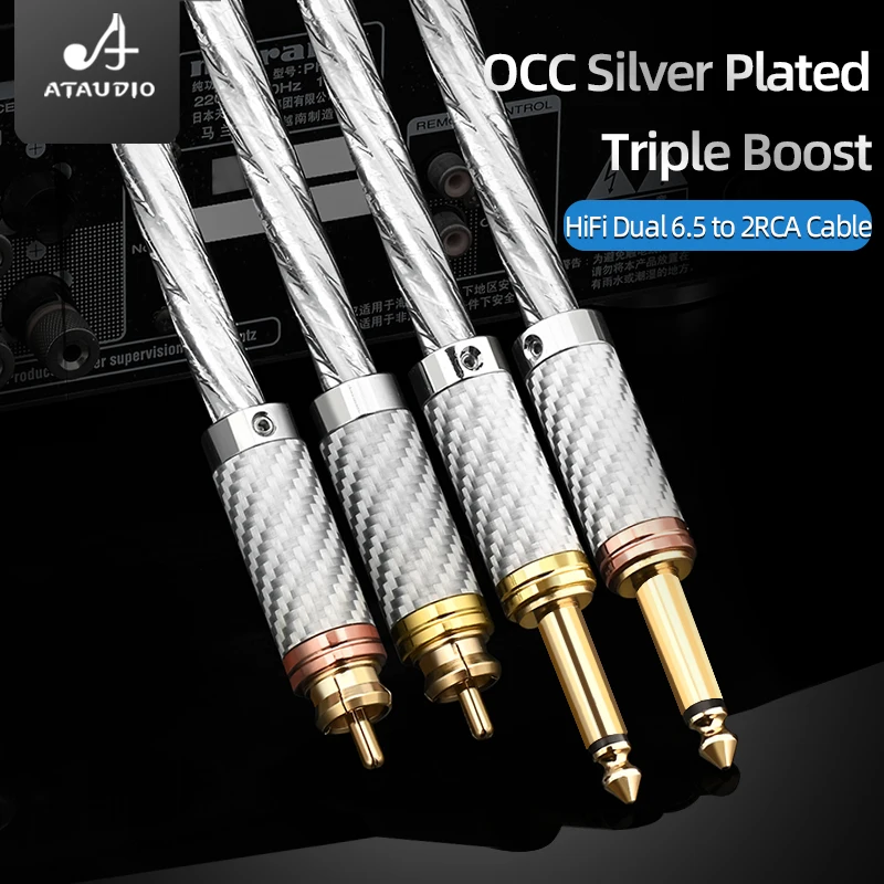 ATAUDIO 6N OCC Silver Plated Core HiFi Audio Connection Cable Dual 6.5mm TS Jack to 2RCA Male Cord for Mixer CD Player