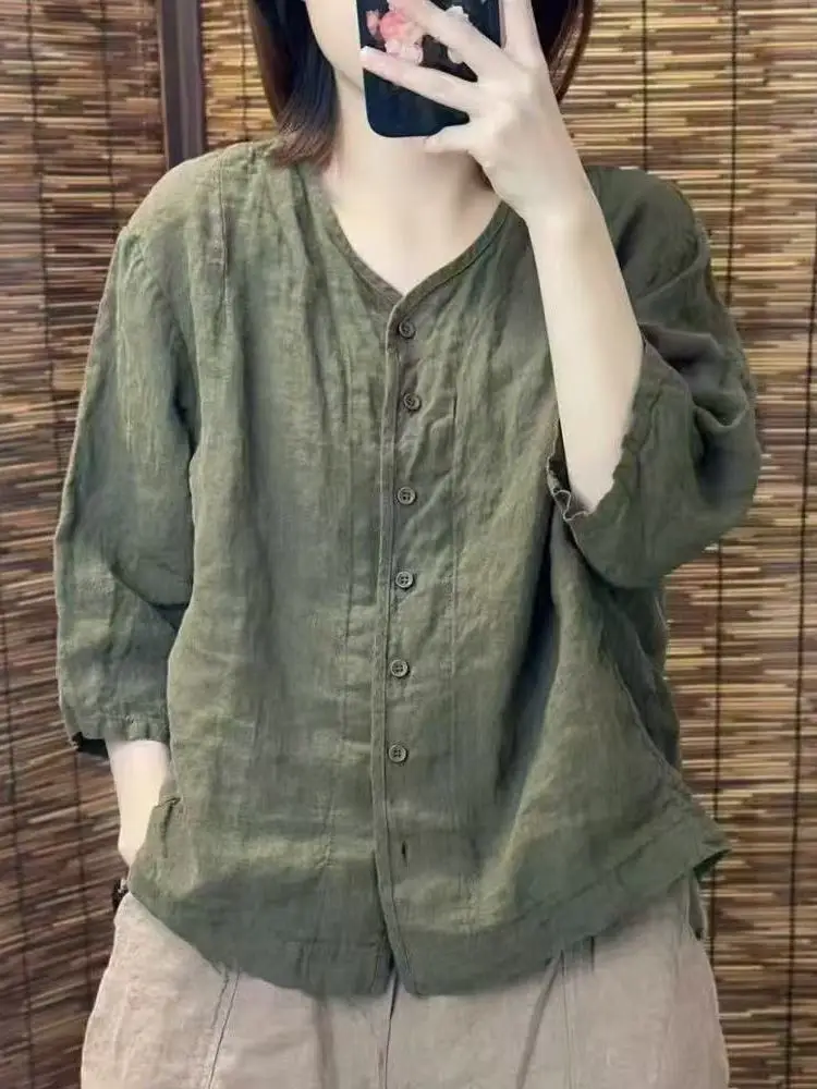 

Faionable Linen V-Ne irt Women's Loose Slimming Versatile Single-Button Top Summer 2025 Artistic Retro Sle irt