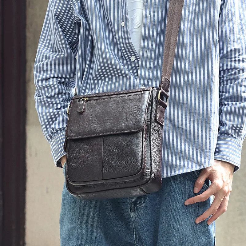 Top-grain cowhide retro bag cover single-shoulder bag for commuting men, genuine leather high-end men's square crossbody bag