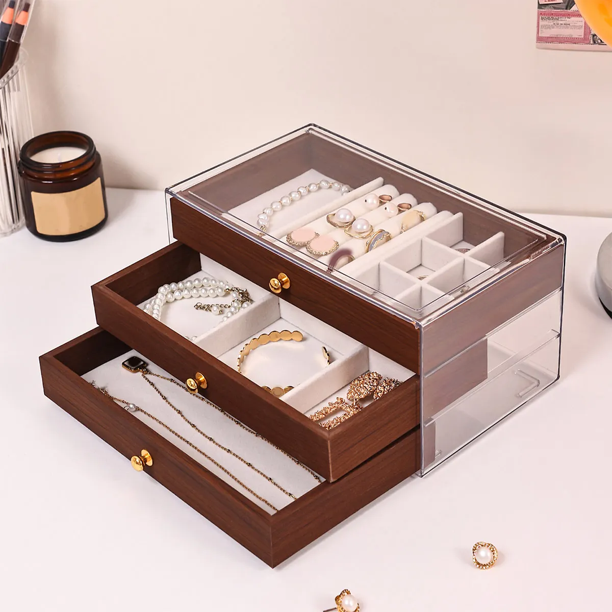 

1 шт. деревянная шкатулка для хранения ювелирных изделий, шкатулка для драгоценностей с выдвижными ящиками, прозрачная витрина, подходит для часов, ожерелий, колец