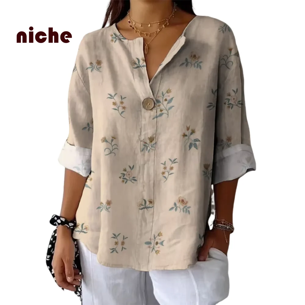 Retro Elegant Ladies Outfit Shirt Flower Graphic Printing Soft Cotton And Linen High Quality Fashion Trend New 2024 Top