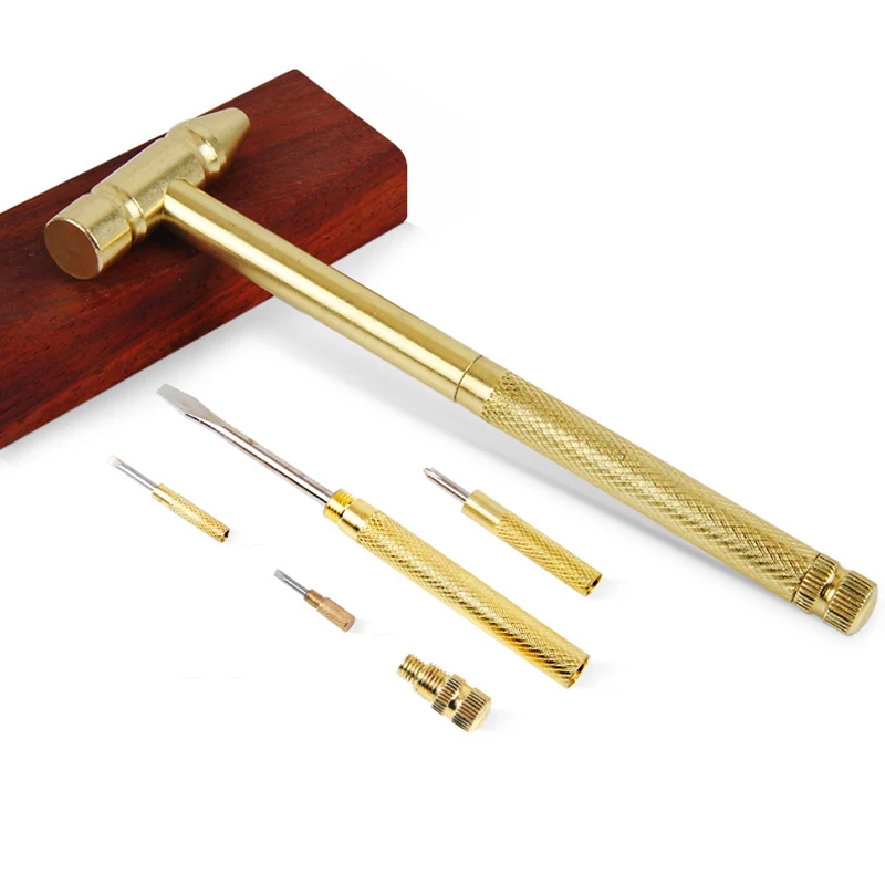 New 6 in 1 Micro Mini Multifunction Multi Brass Hammer 3 kinds Screwdriver Bits Pocket DIY Tools small round hammer 5 in 1